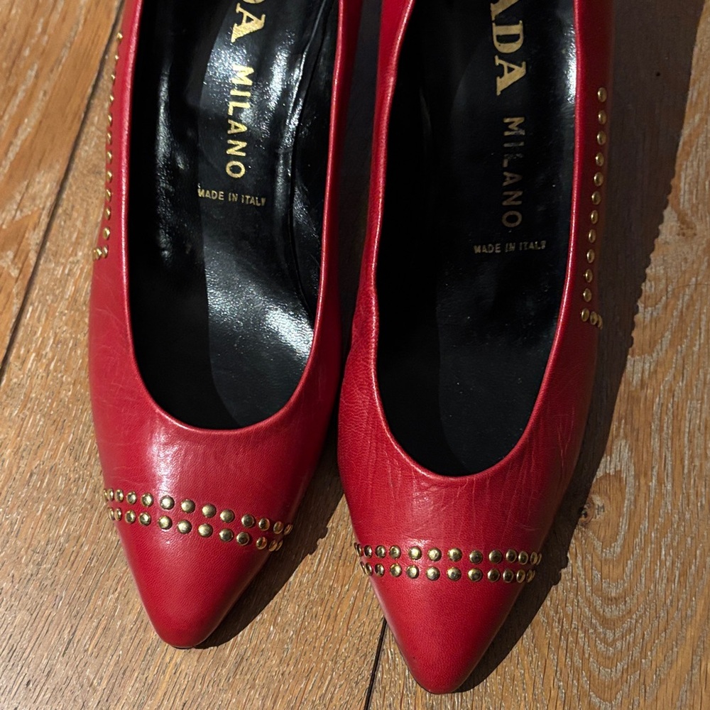 Prada Red Studded Heels 41/10 vintage 80s - Picture 2 of 7